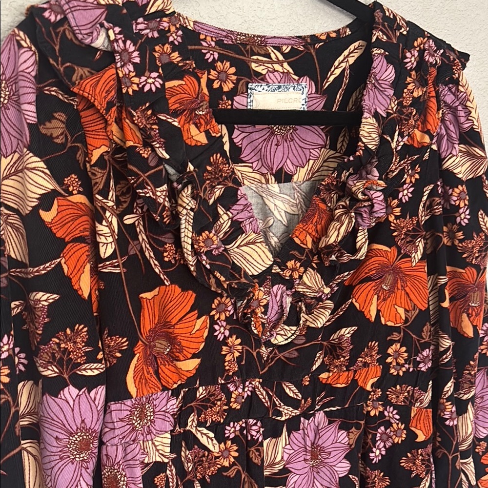 Pilcro Ruffled Orange and Purple 3/4 Sleeve Blouse